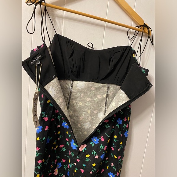 NWT For Love and Lemons Robin Mini Dress Floral Tie Straps Linen Black Frilly - Picture 15 of 16